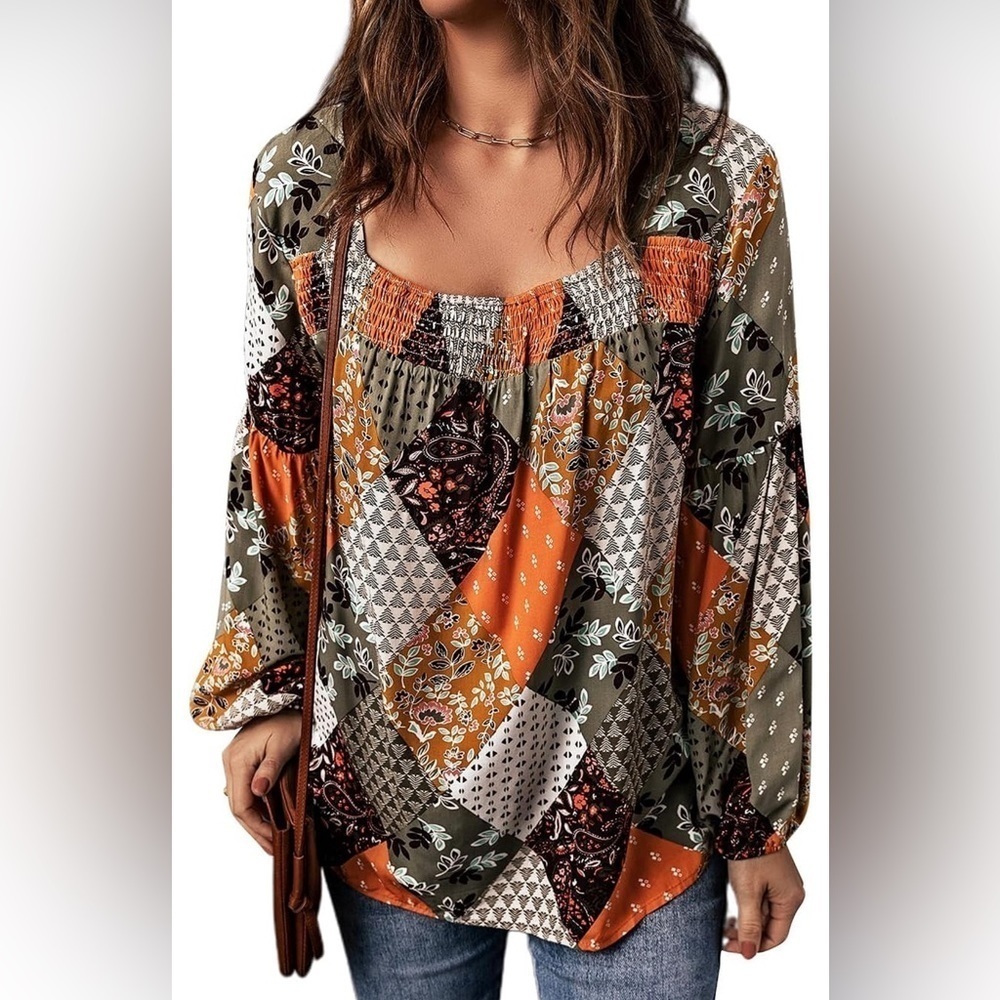 Patchwork Print Mixed Boho Floral Tunic Length Lantern Sleeve Blouse NEW
